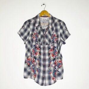 Johnny Was 3J Workshop Plaid
Embroidered Short Sleeve
Blouse Women's Large